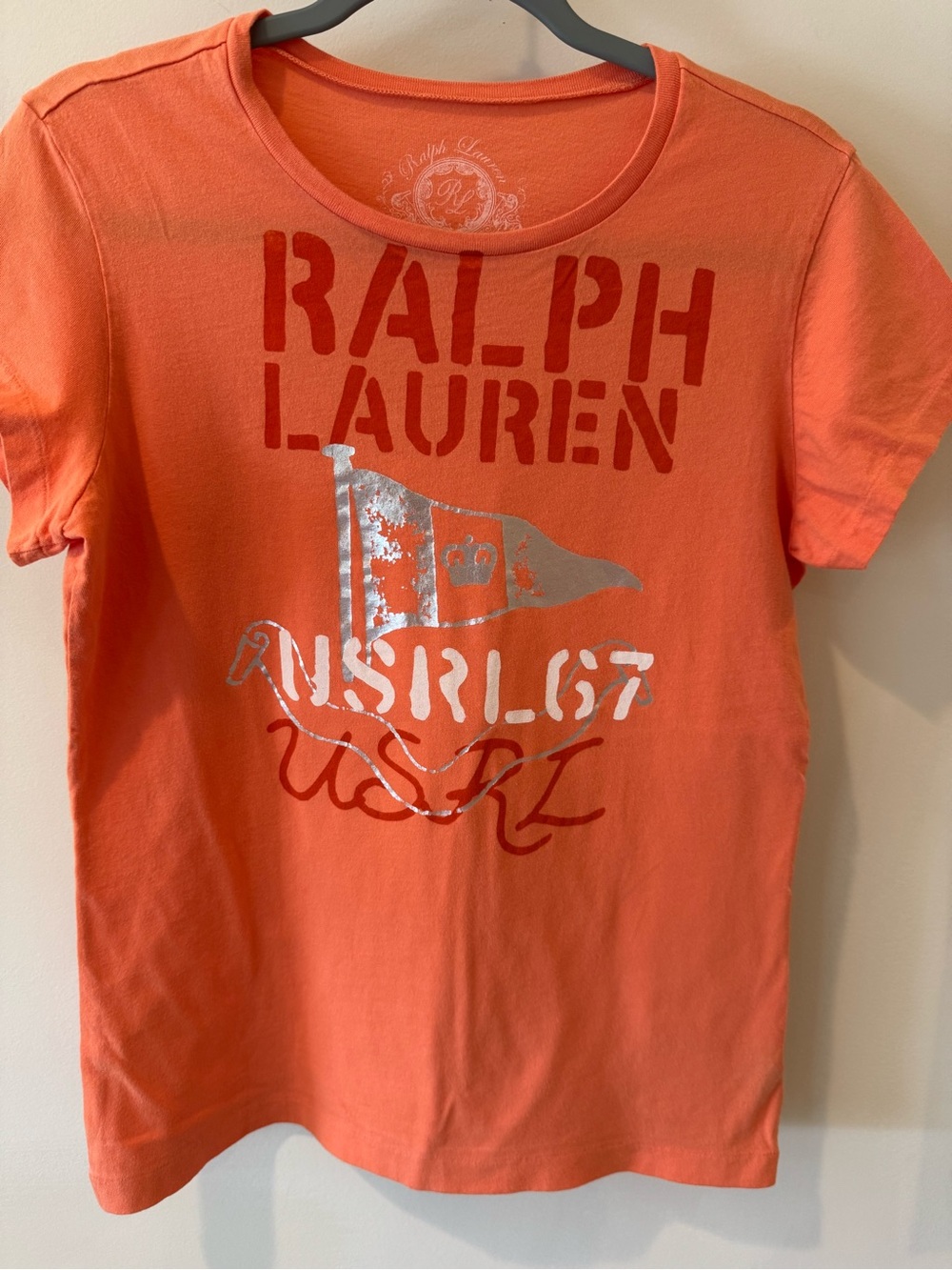 Ralph Lauren Orange Short Sleeve Graphic Tee with Metallic Flag A9